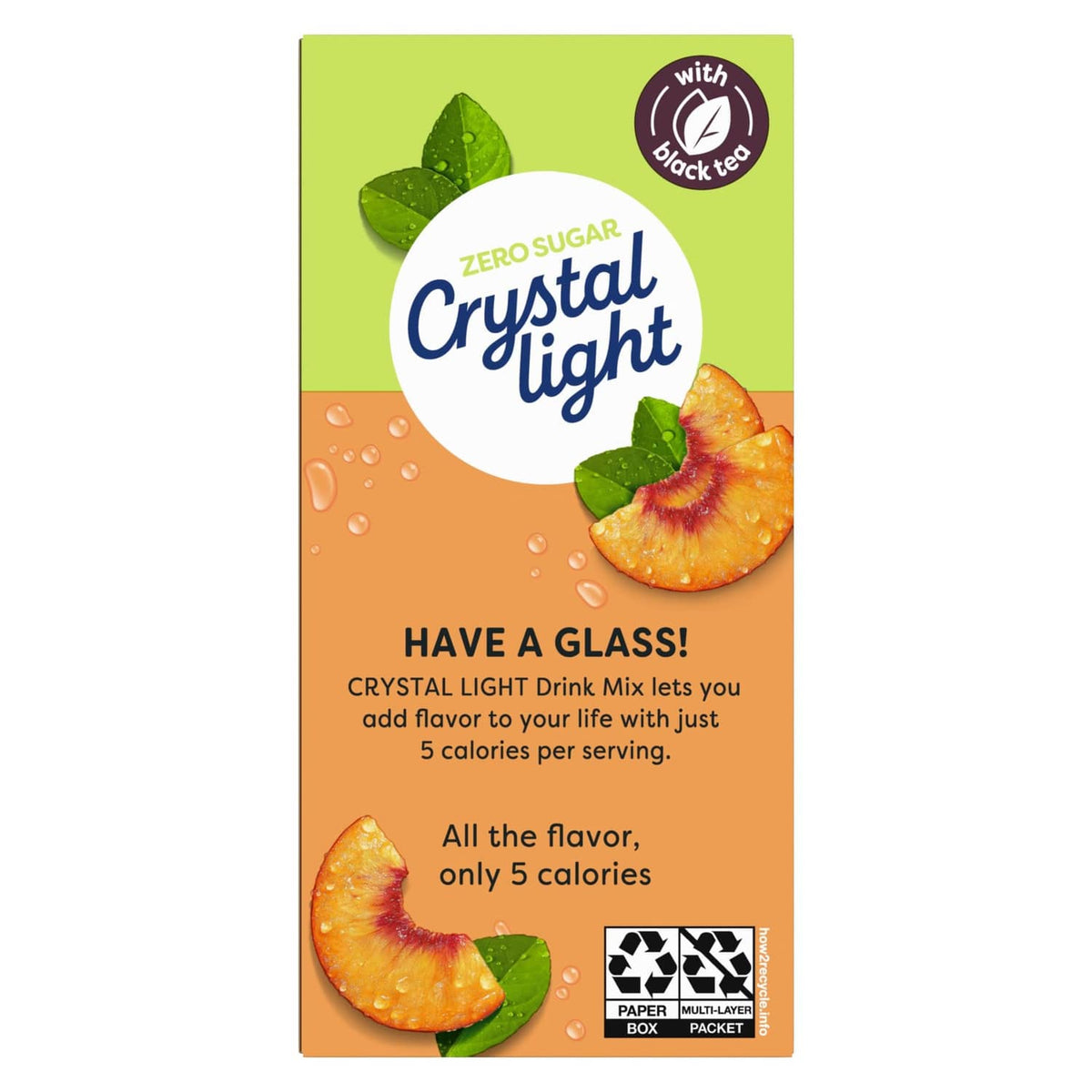 Peach iced tea drink mix box, zero sugar, have a glass, 5 calories