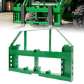 Green pallet fork frame attachment with fork slots and open steel structure