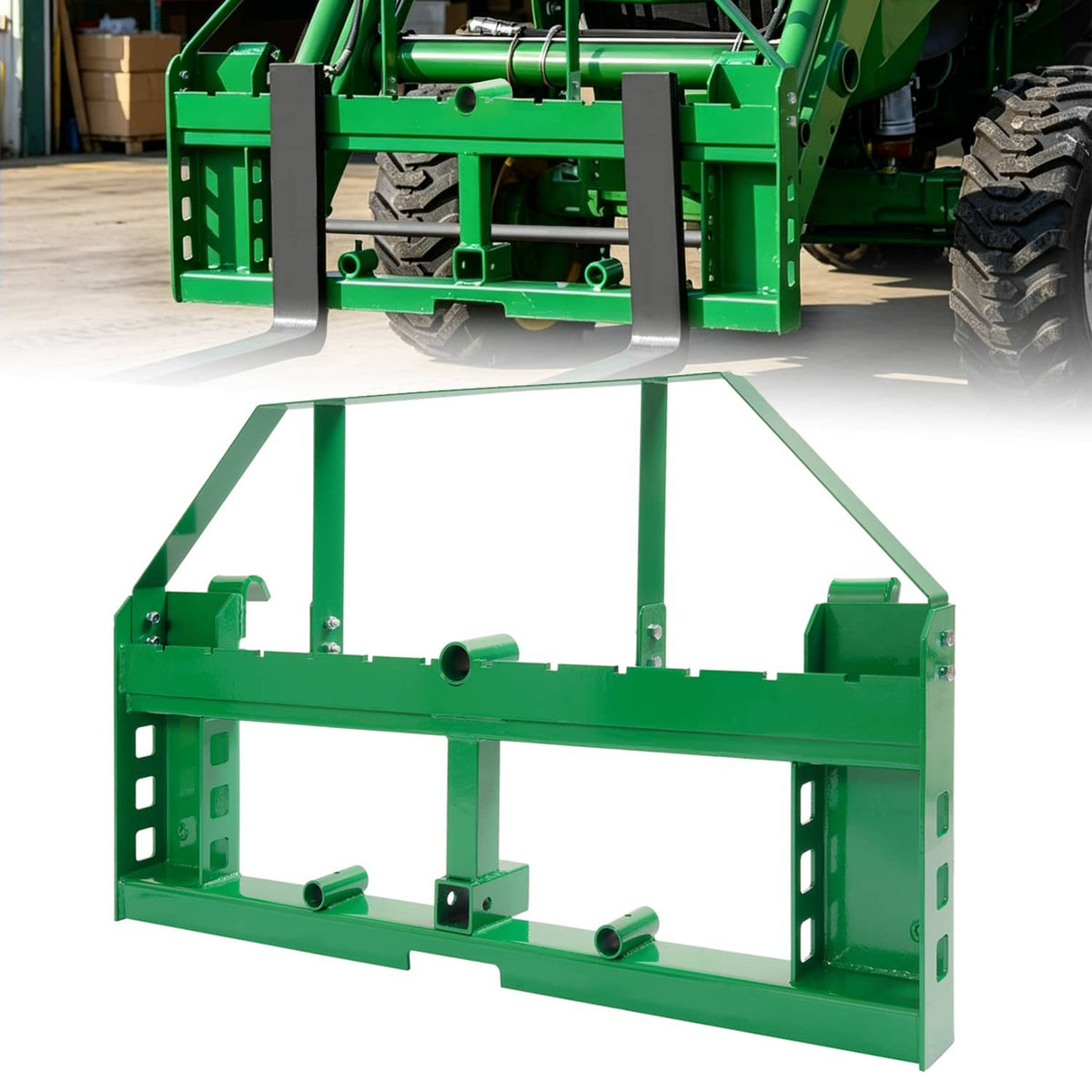 Green pallet fork frame attachment with fork slots and open steel structure