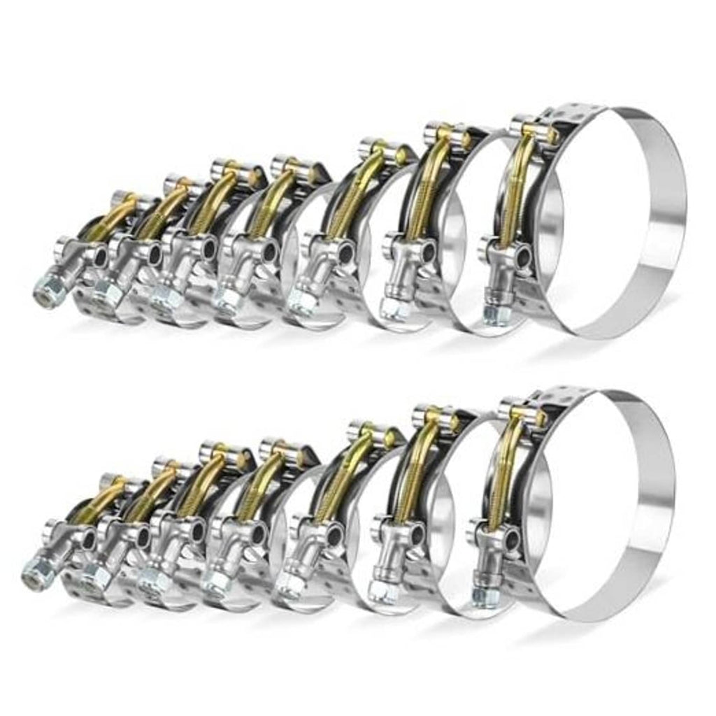 T-bolt hose clamp set with chrome clamps and gold bands, multiple sizes, 14pcs