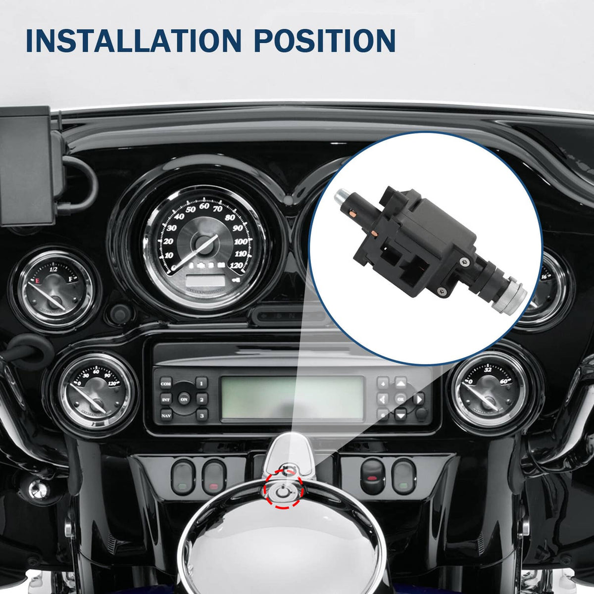 Black ignition switch housing shown in dashboard location insert