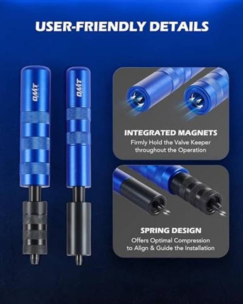 Blue valve keeper adapters with integrated magnets, plus spring compression guide tools