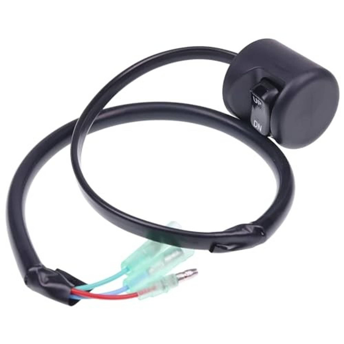 Black switch knob-style housing with UP/DN buttons and attached wire leads