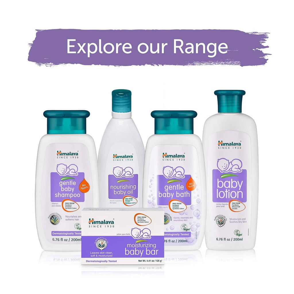 Himalaya baby care range lineup featuring nourishing baby oil bottles