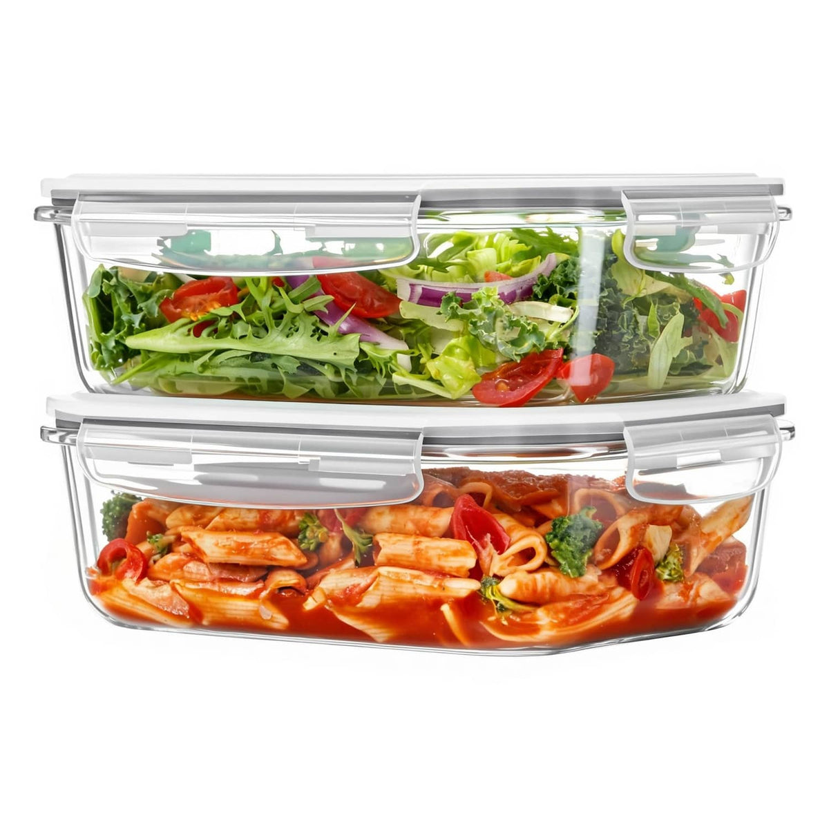 Set of clear glass food storage containers with grey snap-lock lids