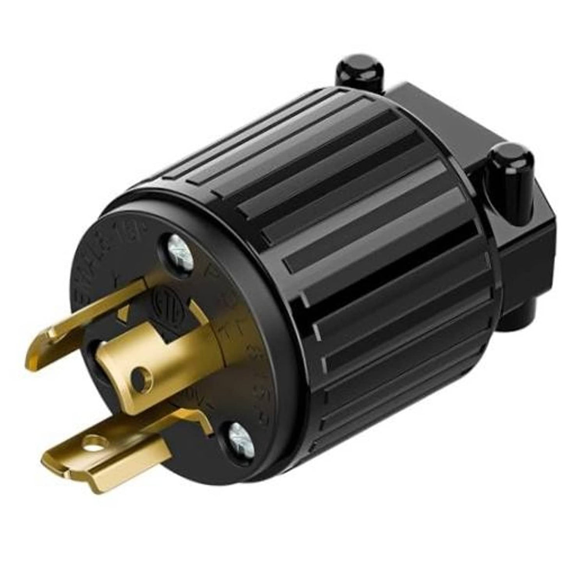 Black twist-lock male power plug with gold prongs and grounding pin, ribbed housing.