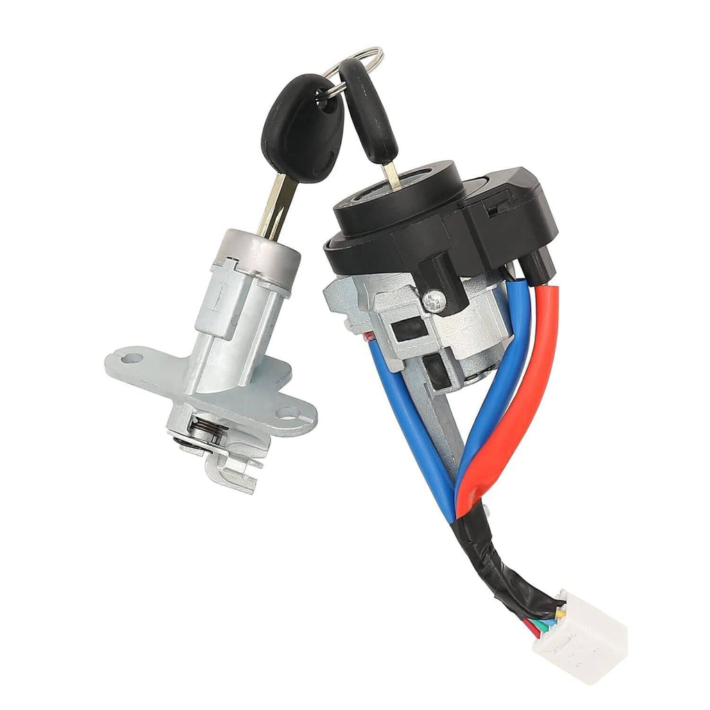 Ignition lock cylinder with key, metal bracket, and wiring with red and blue leads