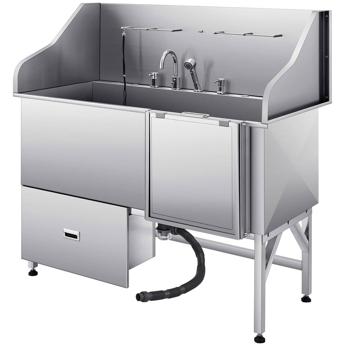 Stainless steel pet grooming tub with ramp and storage cabinet, open faucet controls and hose