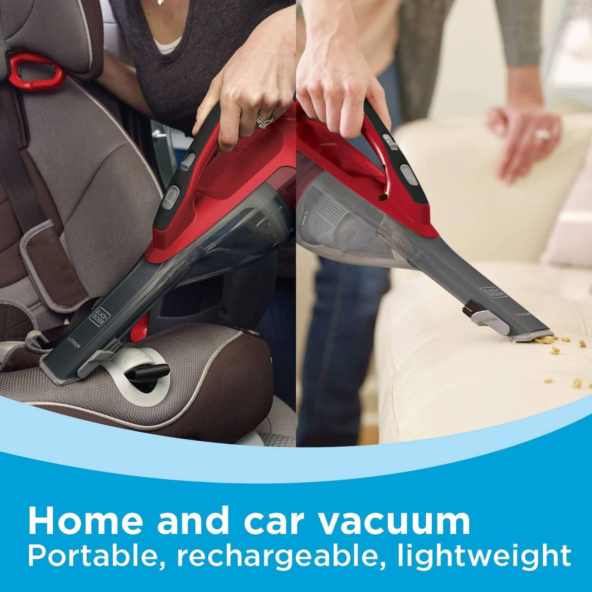 Cordless handheld vacuum in red and black cleaning car upholstery near a seat gap