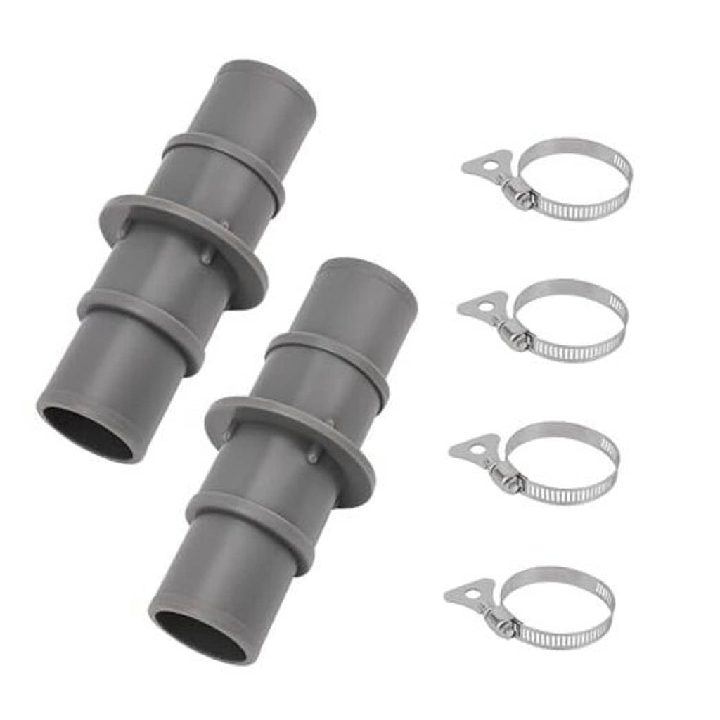 Gray pool hose adapter connector with two cylindrical ends and stainless steel hose clamps