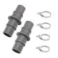 Gray pool hose adapter connector with two cylindrical ends and stainless steel hose clamps
