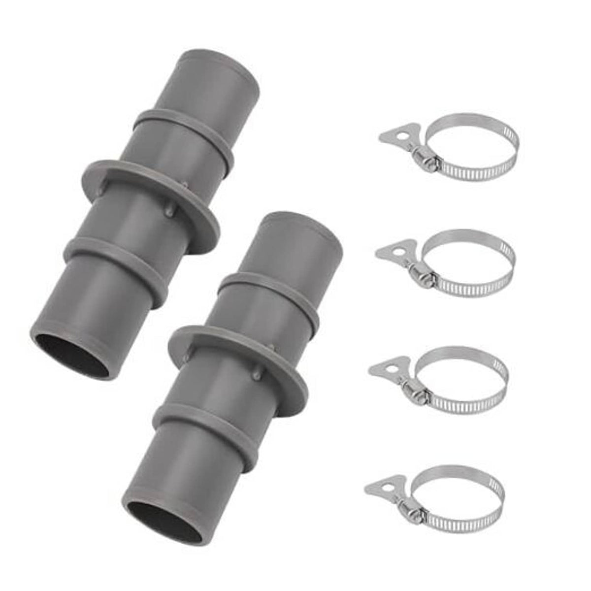 Gray pool hose adapter connector with two cylindrical ends and stainless steel hose clamps
