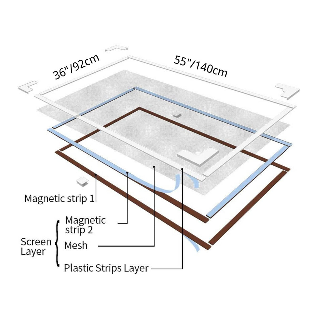 Adjustable window screen kit diagram with gray mesh, magnetic strips, and frame parts