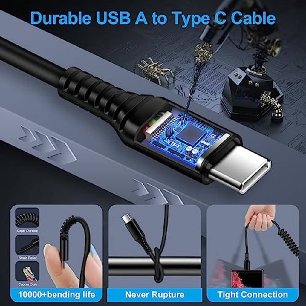 Black coiled USB-A to USB-C cable with metal USB-C tip and visible connector.