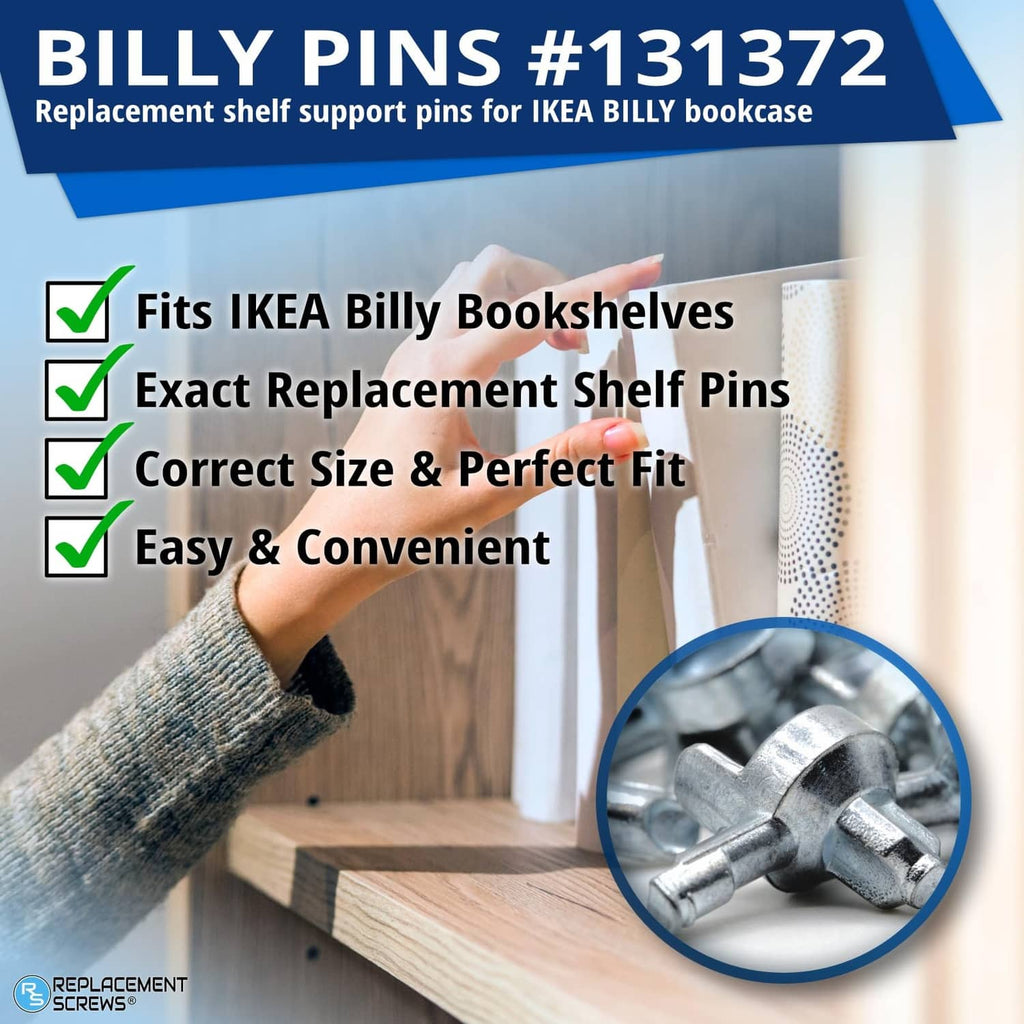Shelf support pin set, silver dual-peg replacements shown with close-up detail