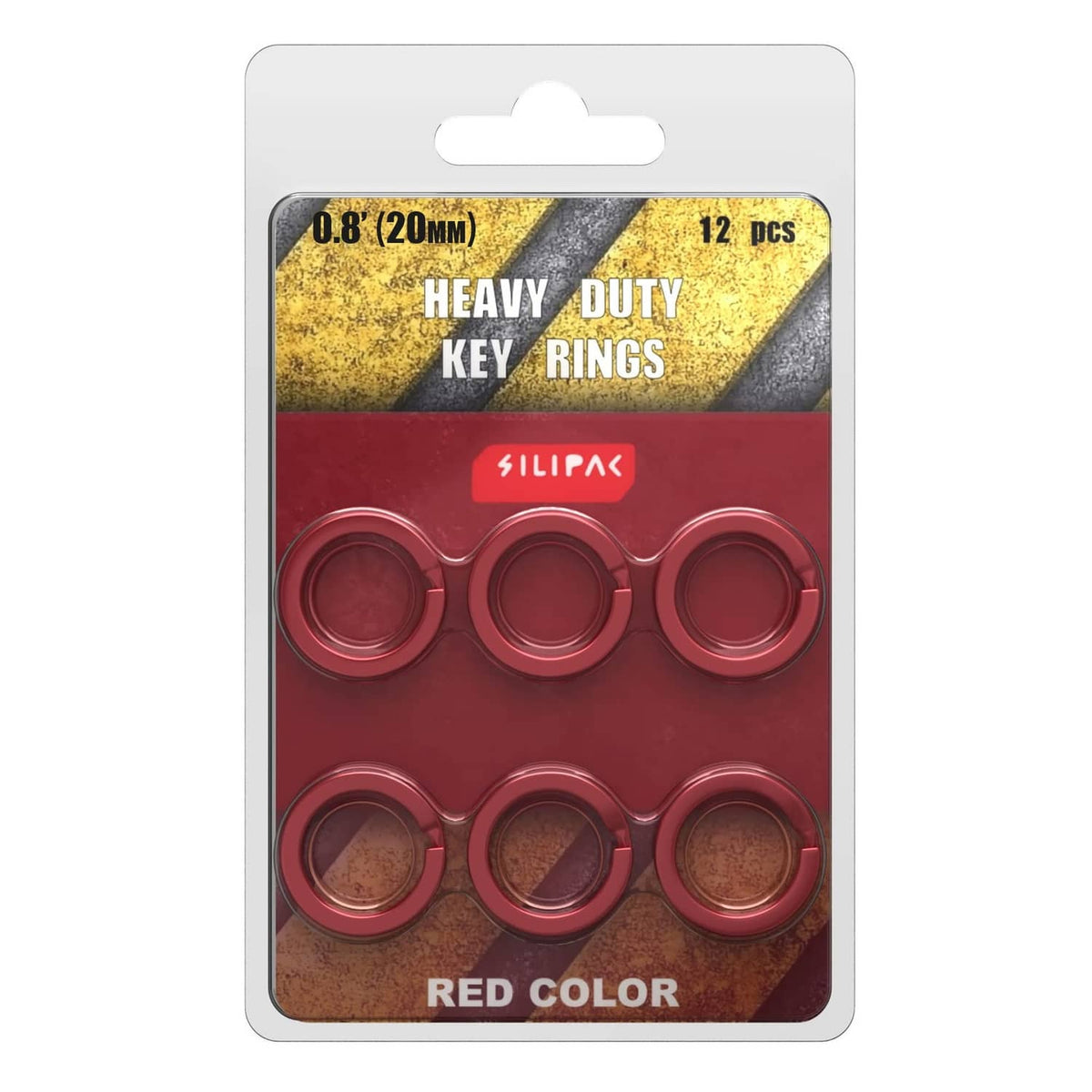 Silipac 0.8 in red heavy-duty key rings, 12 pack on retail card