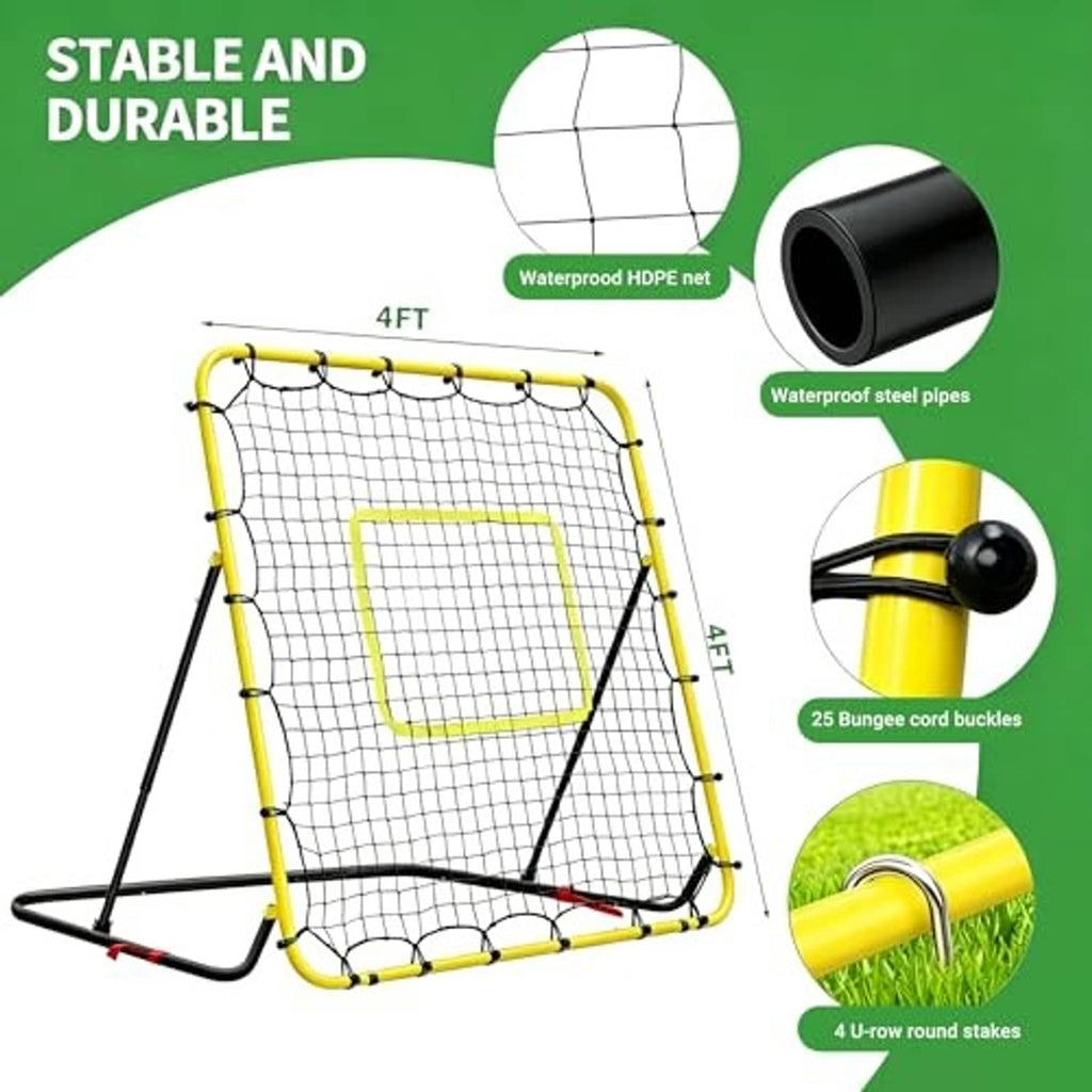 Foldable rebounder net with yellow steel frame, white mesh, green target square, black supports
