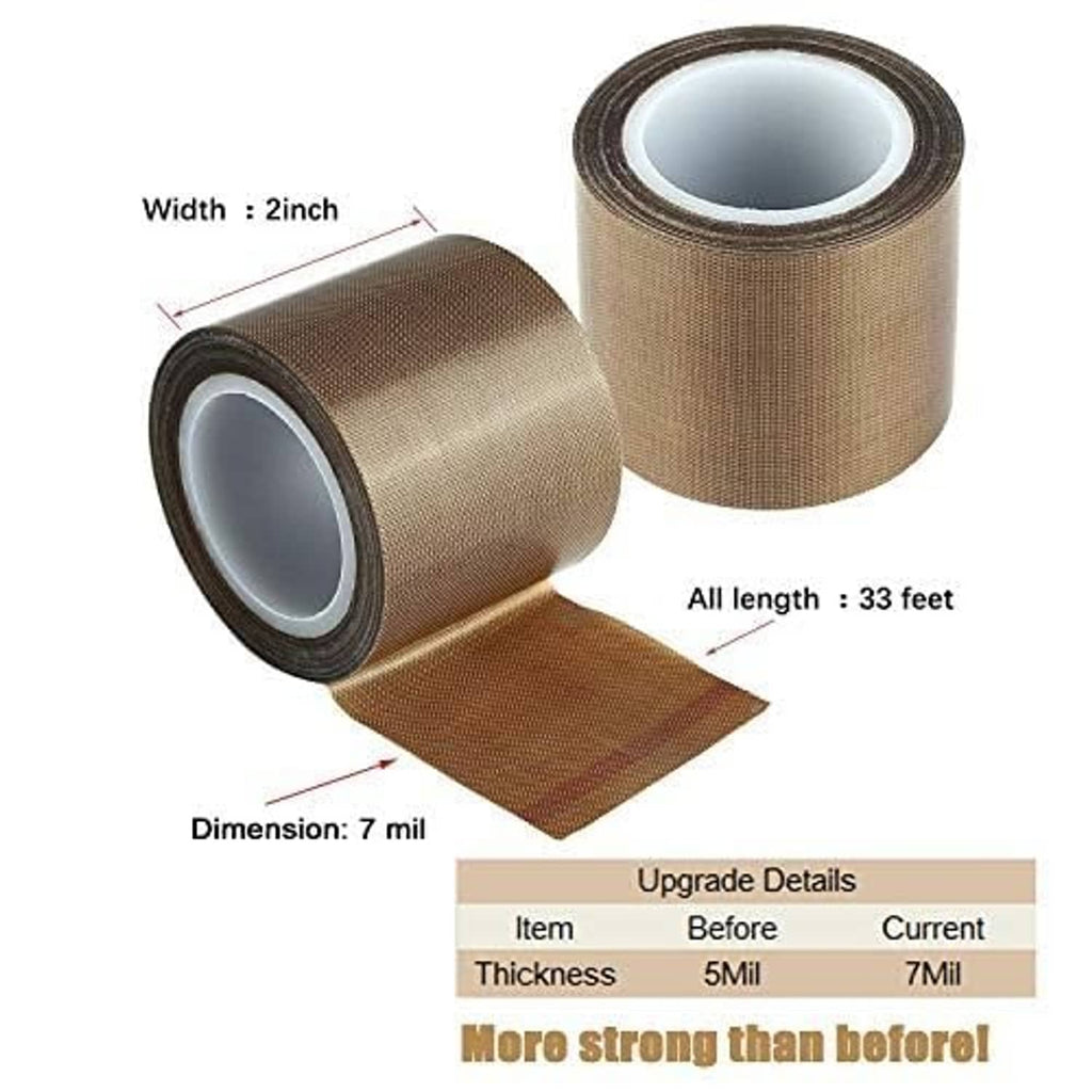 Brown PTFE vacuum sealer tape roll with width and length callouts; inner white liner