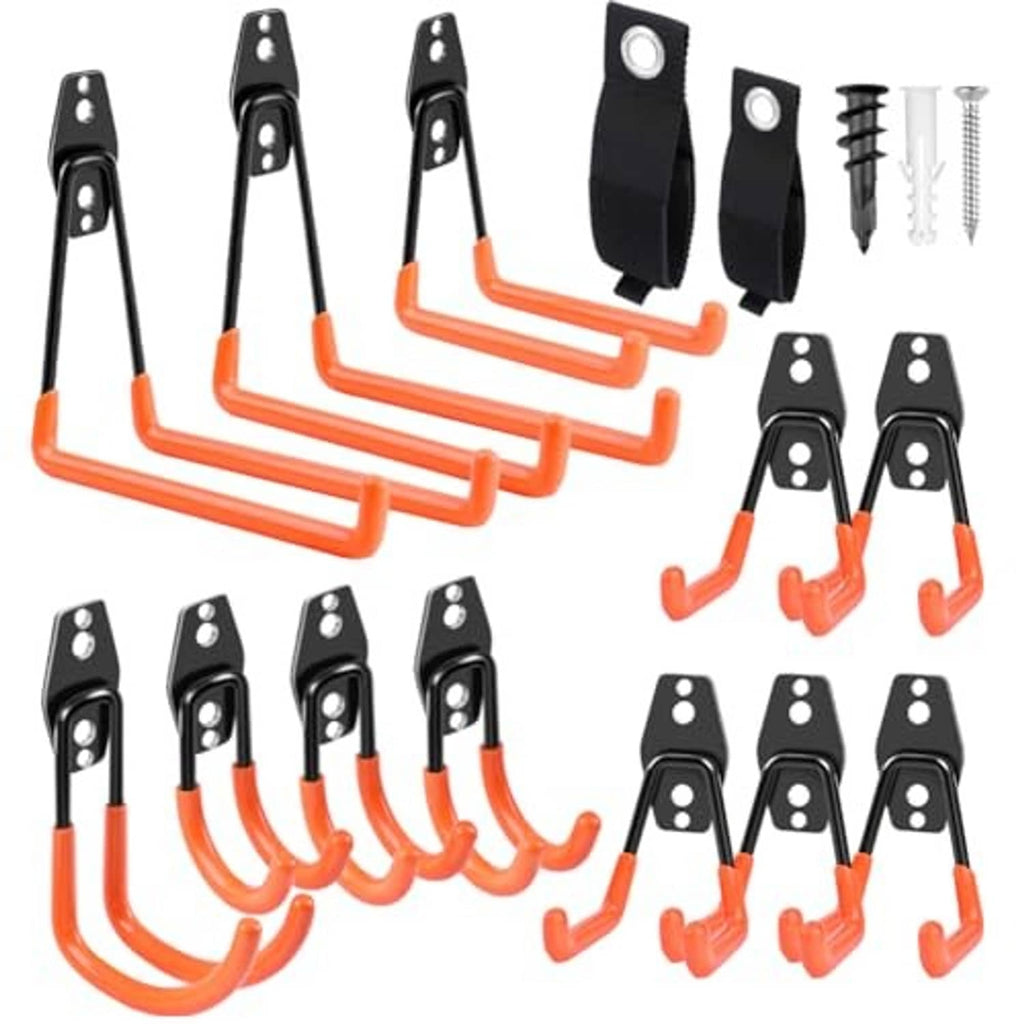 Orange-and-black heavy-duty garage hook set with multiple U-shaped hangers and screws