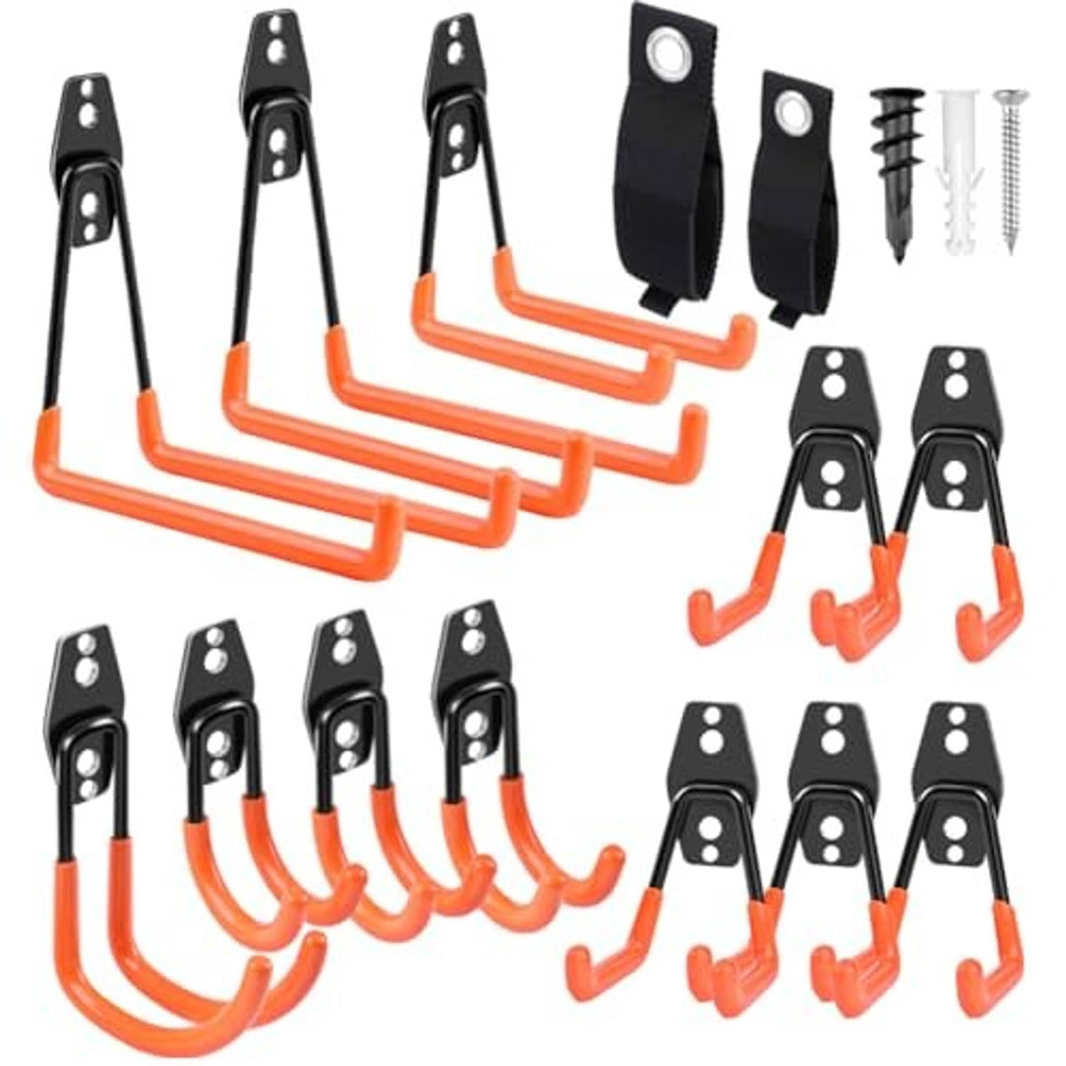 Orange-and-black heavy-duty garage hook set with multiple U-shaped hangers and screws