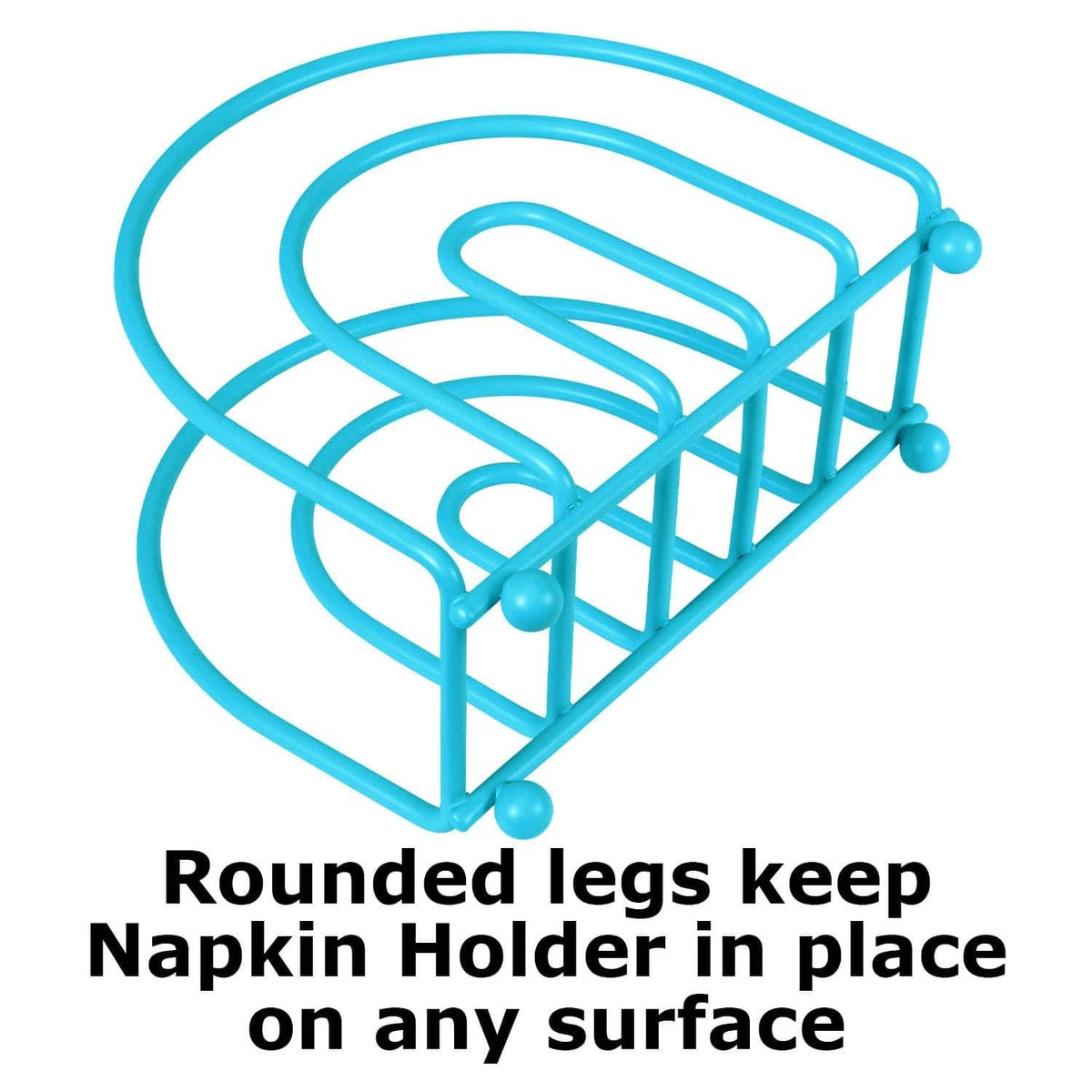 Turquoise arc napkin holder with rounded legs and ball feet for stable placement.