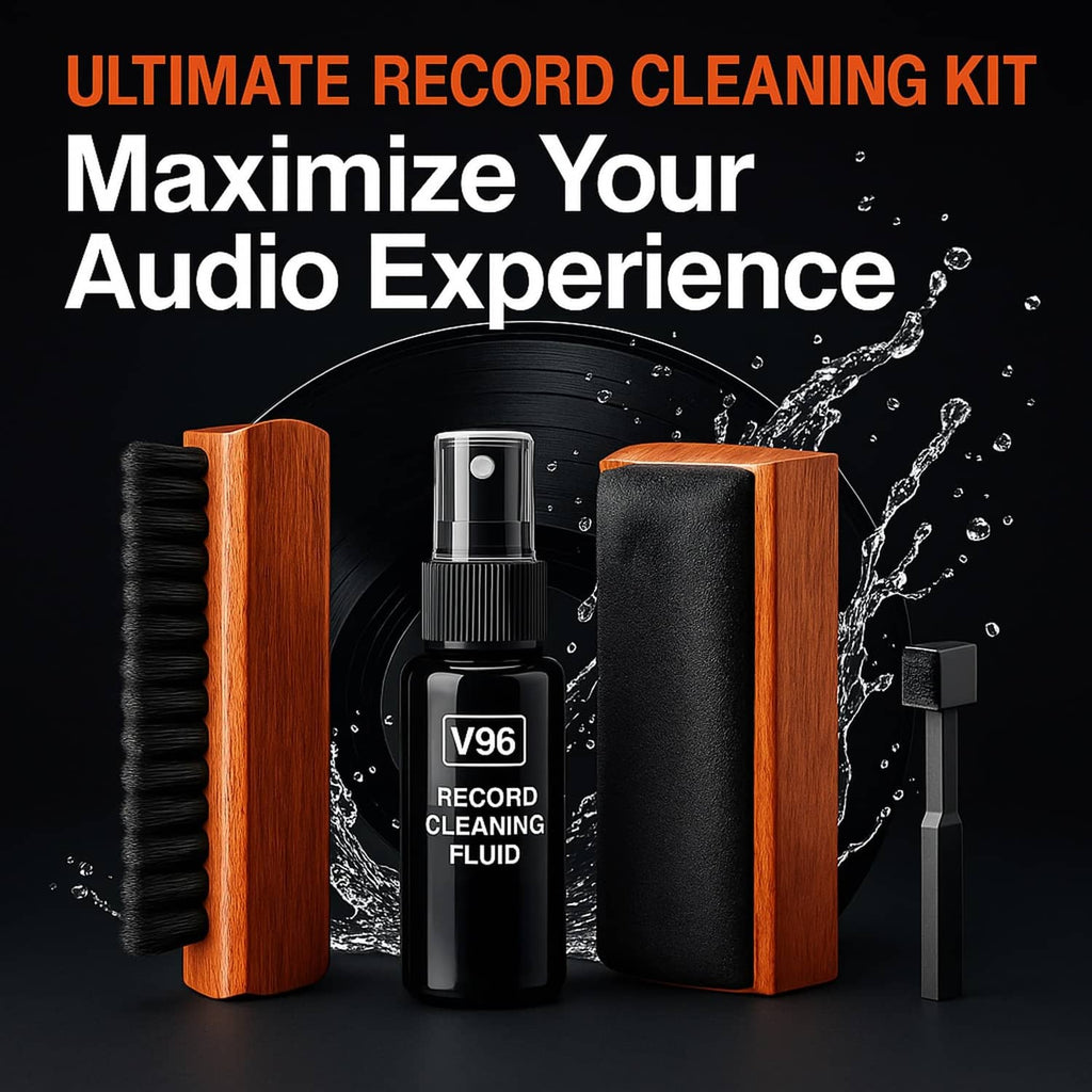 Record cleaning kit tools: two wooden brushes, record-cleaning fluid bottle, and cloth