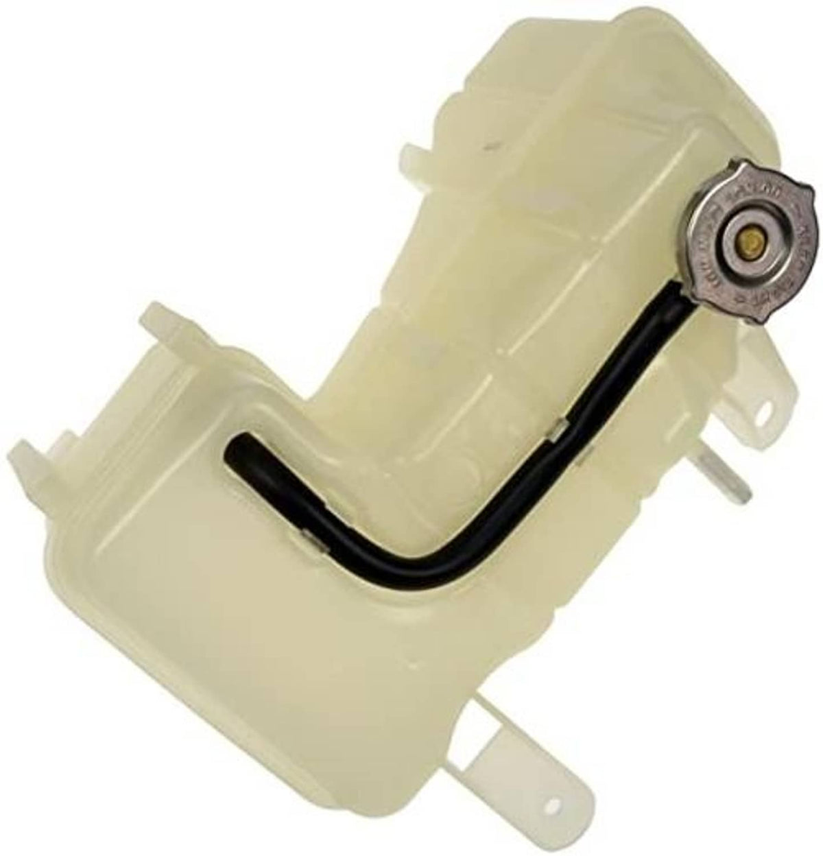 Pressurized coolant reservoir with cap, light beige housing and curved black hose
