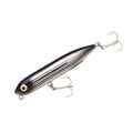Black and silver fishing topwater lure with two treble hooks and oval eye