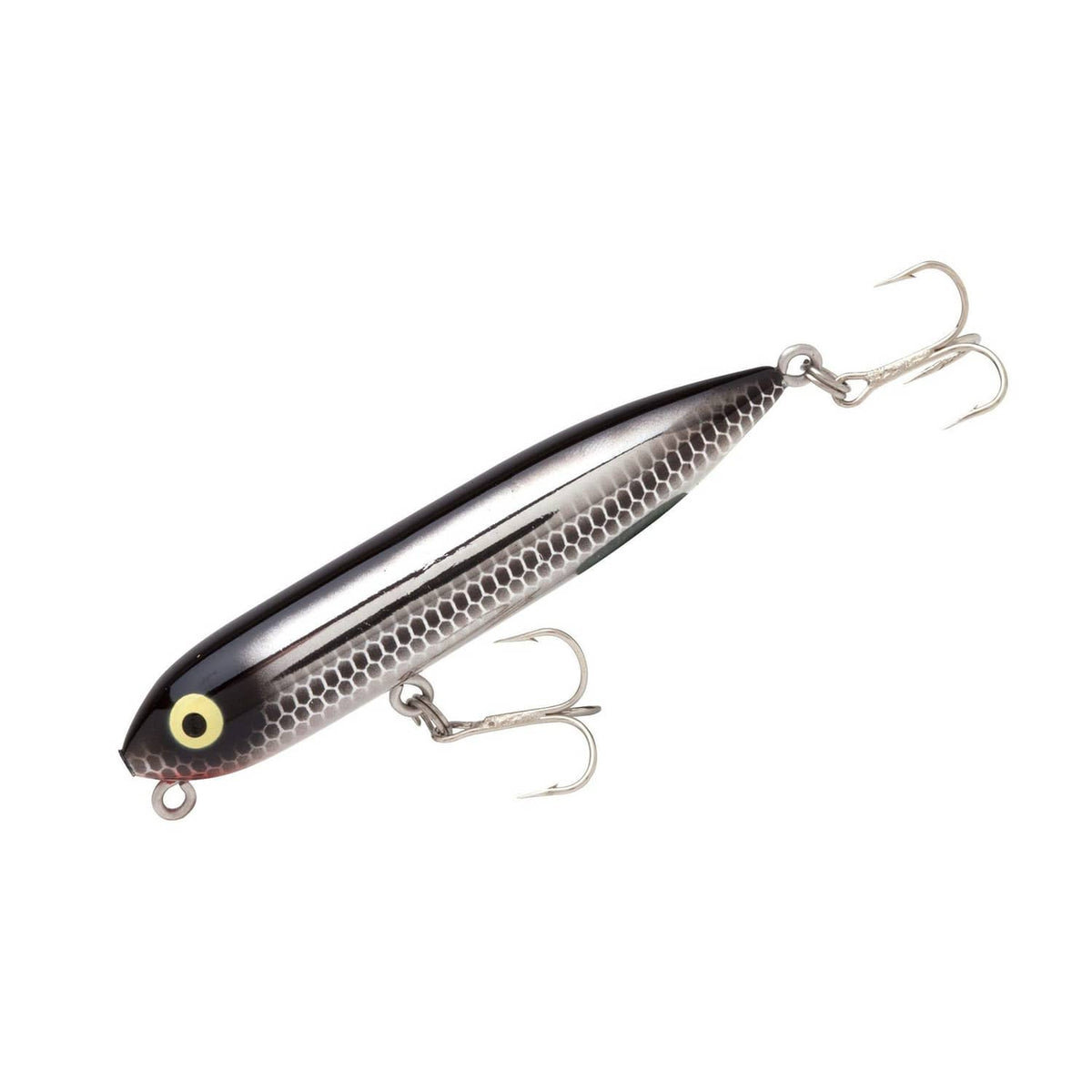 Black and silver fishing topwater lure with two treble hooks and oval eye
