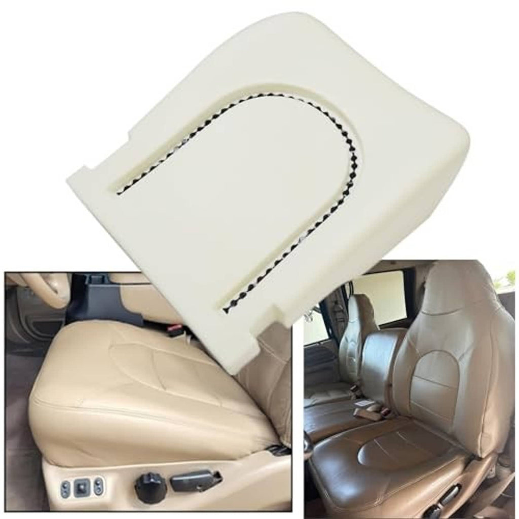 Tan front seat bottom replacement cover installed with stitched contour panels