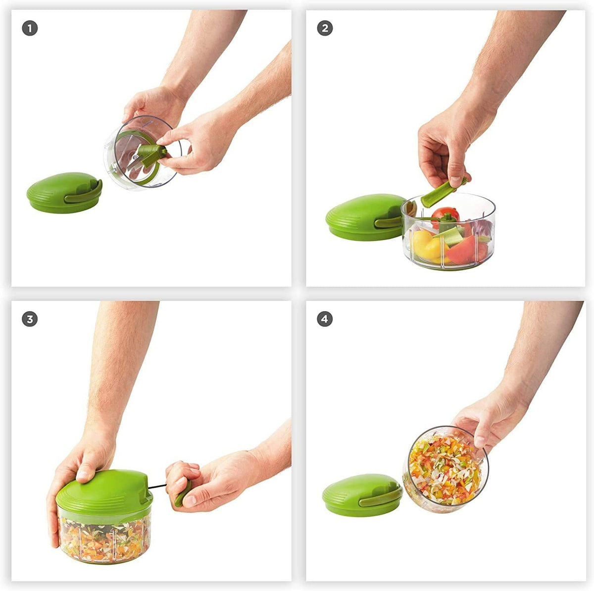 Hands placing ingredients into a green pull-cord food chopper container with lid