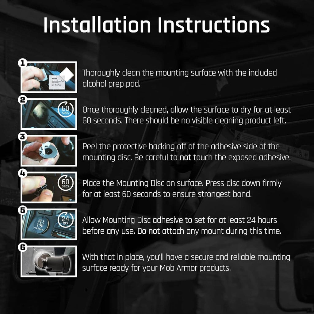 Magnetic tablet mount installation guide showing mounting disc and adhesive steps