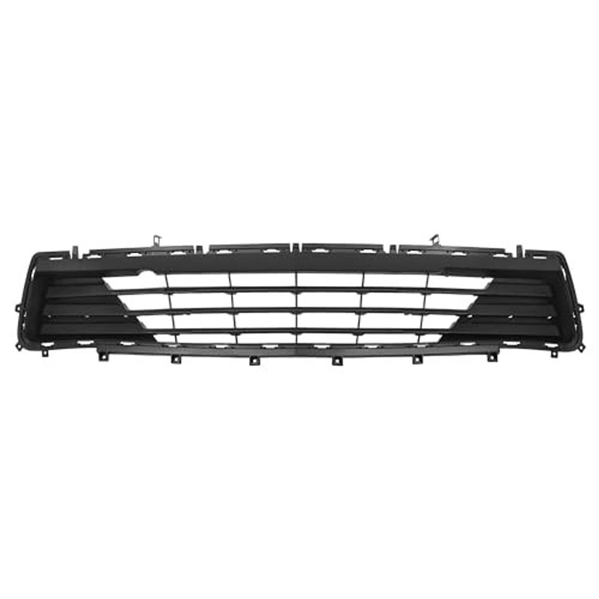 Black lower grille with centered horizontal slats and outer frame detail