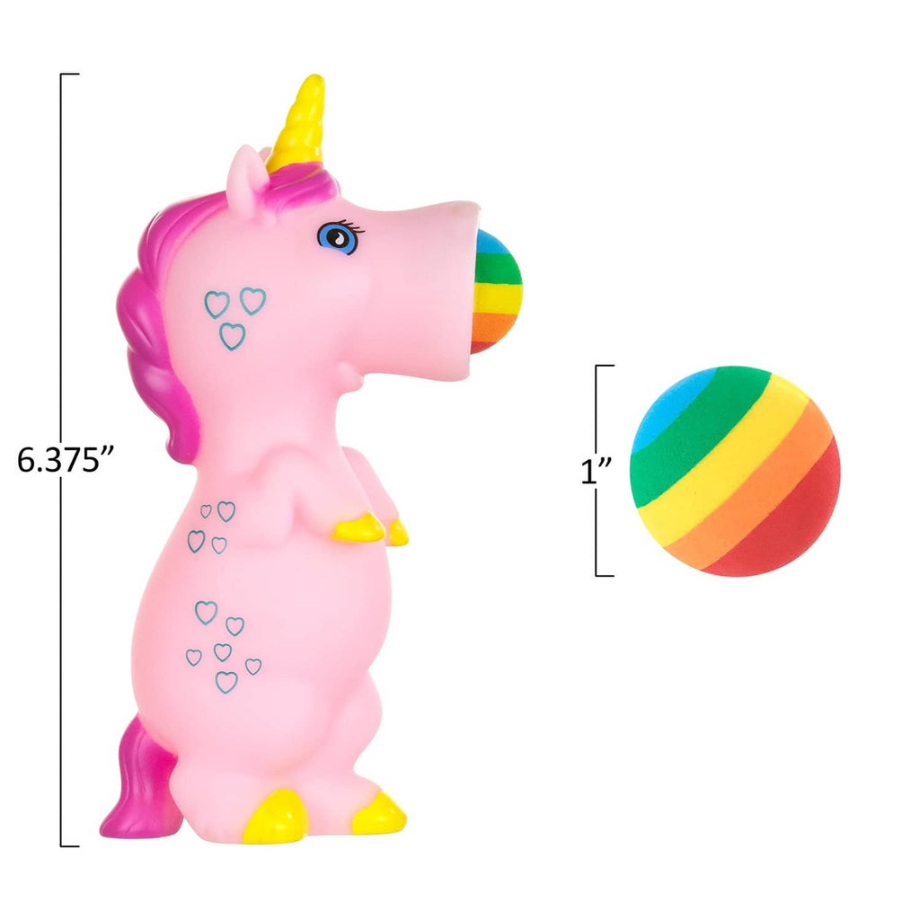 Unicorn foam ball launcher toy with rainbow foam ball shown beside size markers