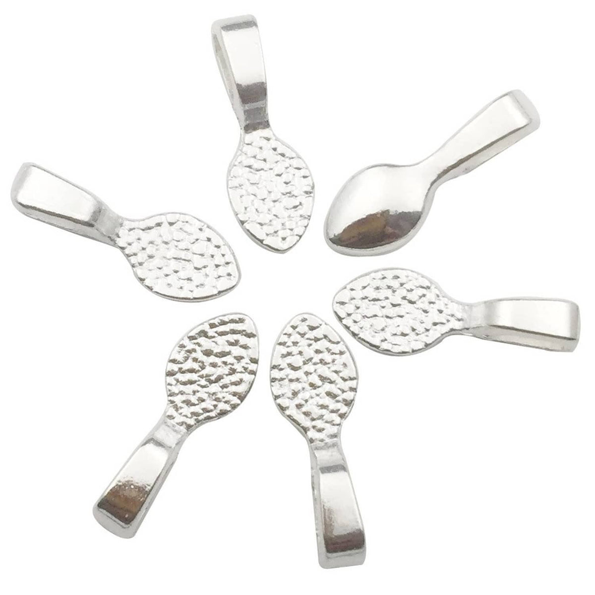 Shiny silver glue-on pendant bails with textured teardrop loops and open ends