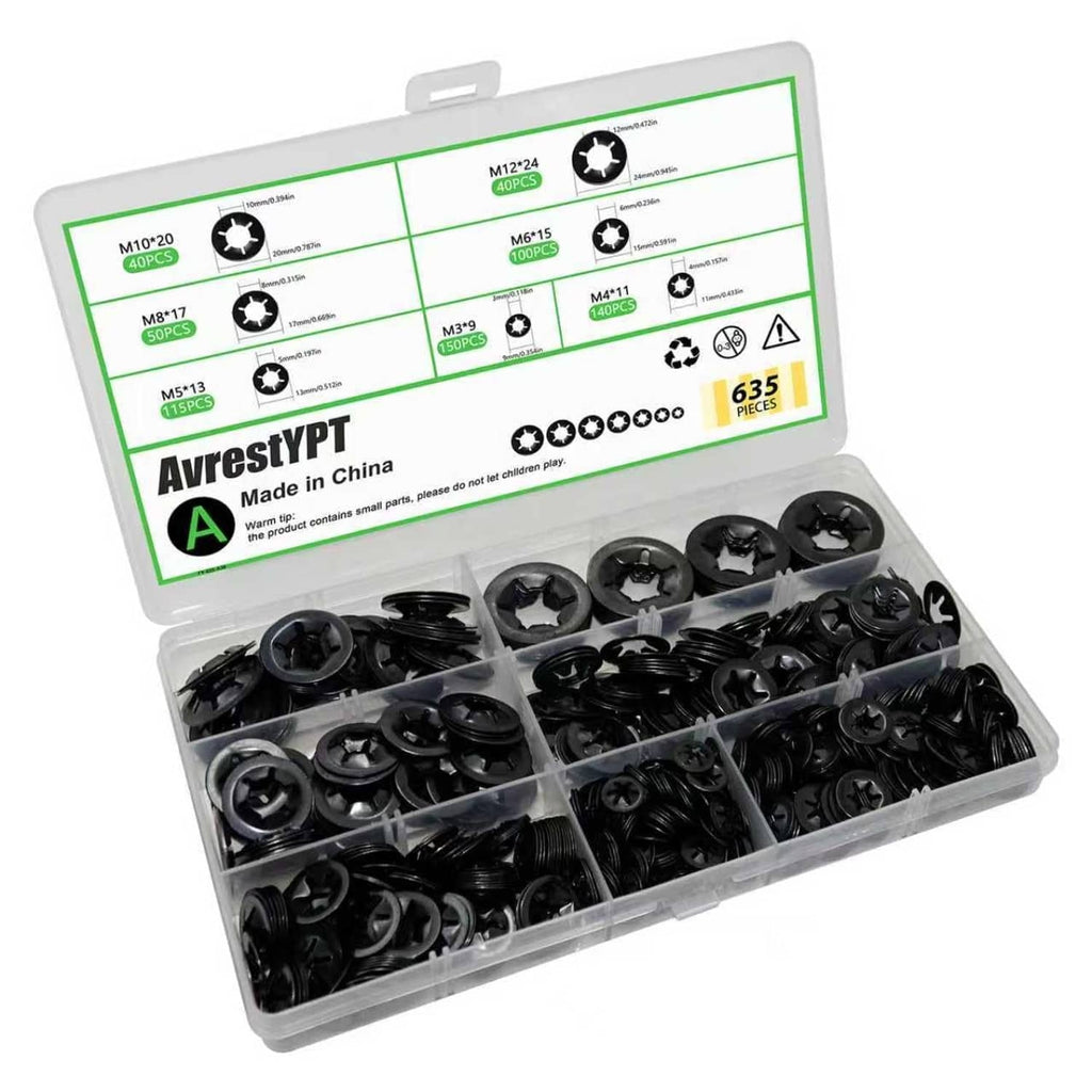 Black internal tooth star lock washers, assorted sizes in plastic organizer case