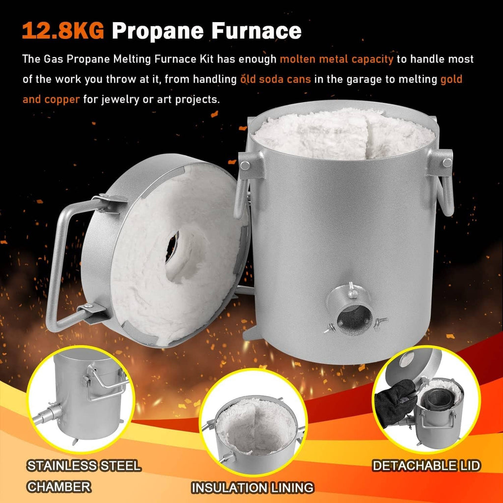 Propane furnace with detachable lid, insulated lining, and stainless steel chamber