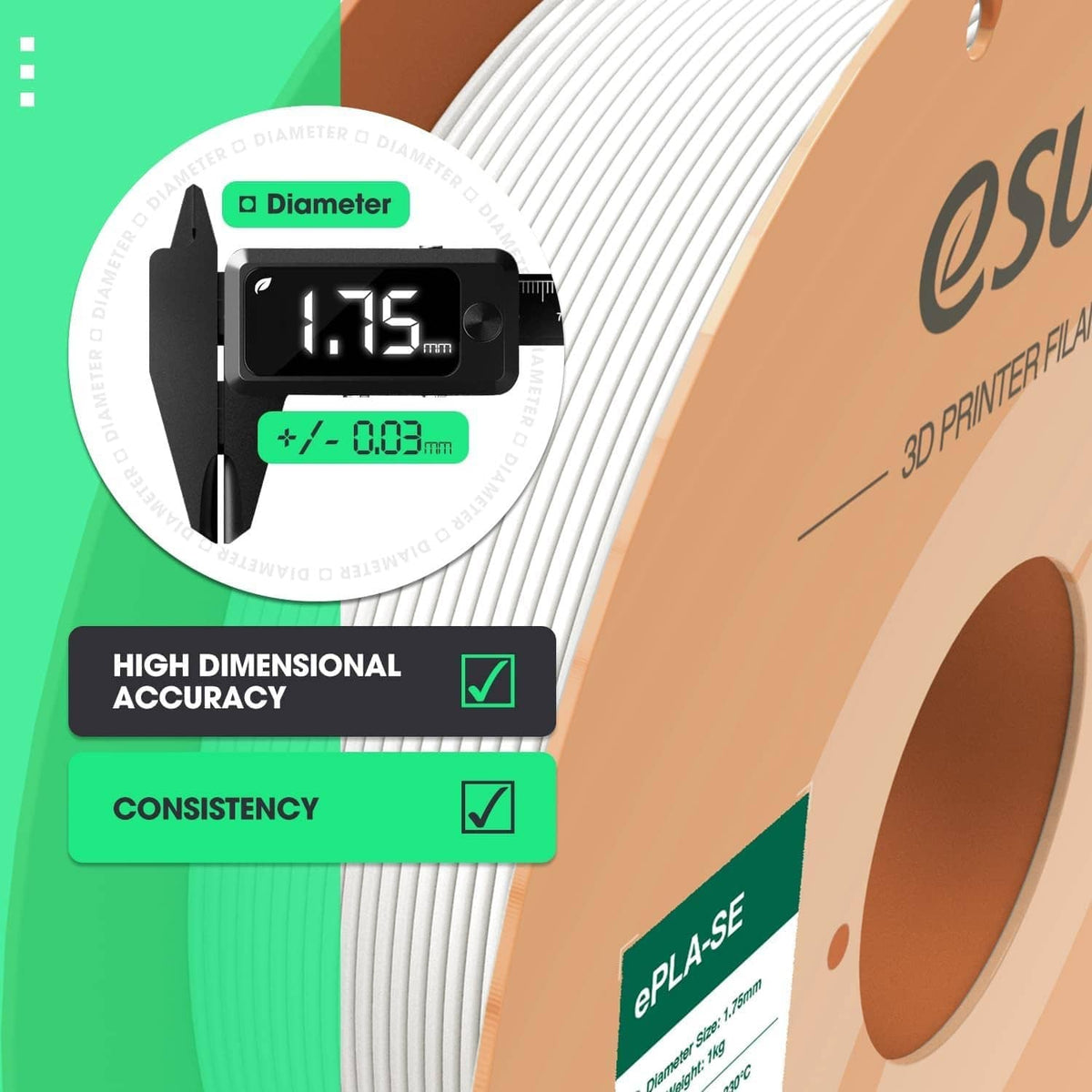 White PLA filament spool with caliper readout showing 1.75 mm diameter accuracy.
