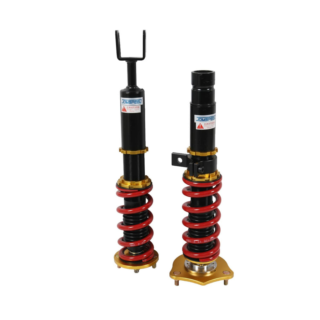 Pair of coilover shocks with red springs, black bodies, gold base and top