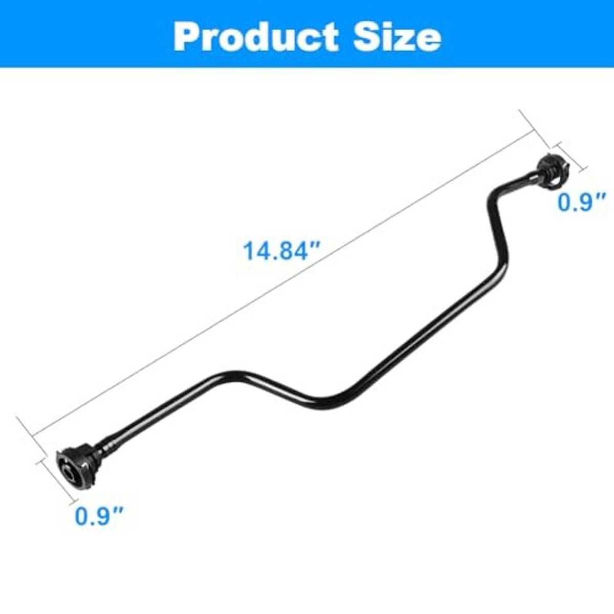 Black coolant hose with two connector ends, shown with size dimensions