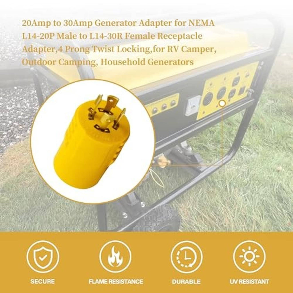 Yellow 4-prong NEMA twist-lock adapter plug, L14-20P to L14-30R