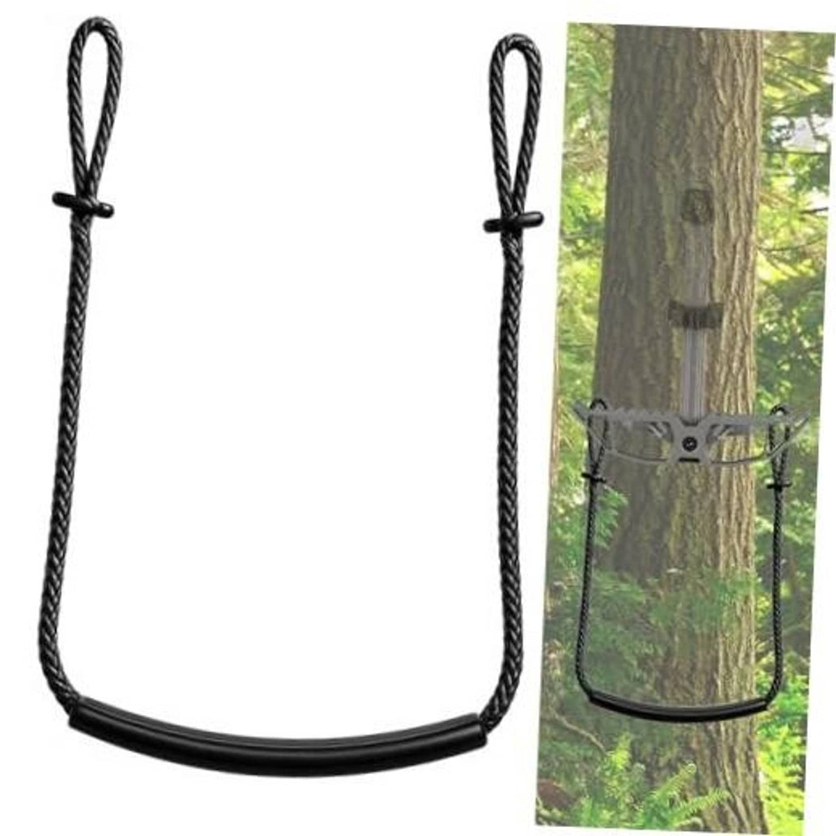 Black rope climbing stick aider with U-shaped loop and braided step ends
