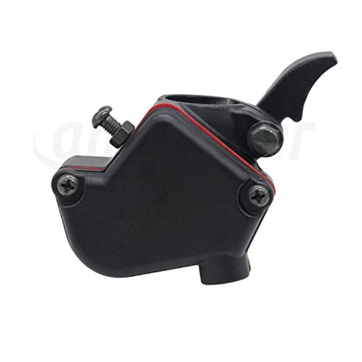 Black throttle lever thumb control handle with screw holes and red accent line