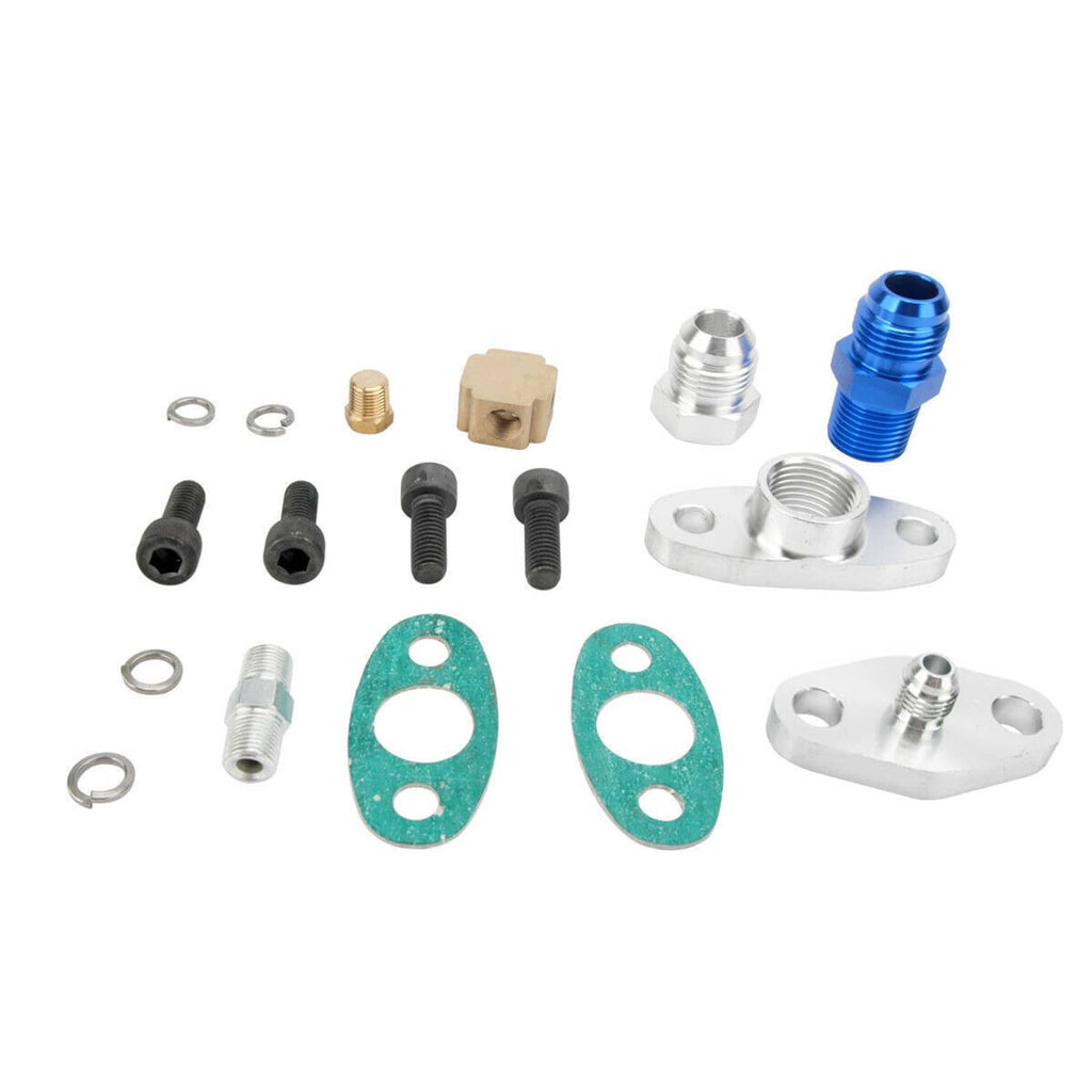 Turbo oil return line hardware kit with fittings, gaskets, and mounting plate