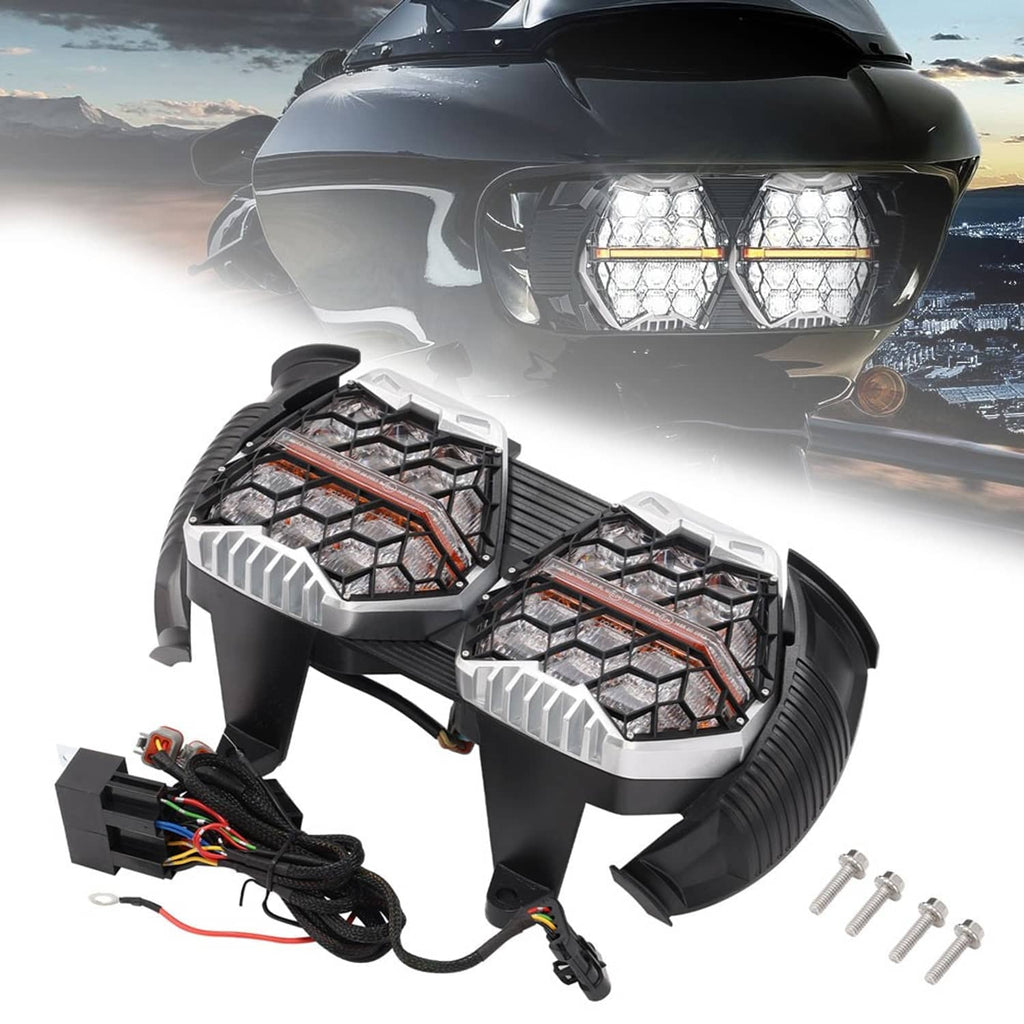 Dual LED motorcycle headlight kit with wiring harness and screws, black and silver