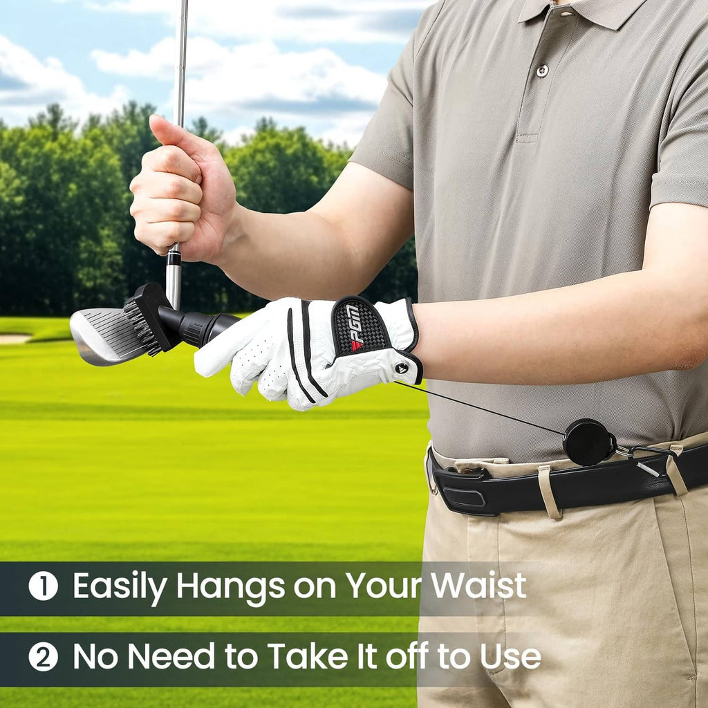 Golf club brush cleaner hanging from waist belt with retractable brush head