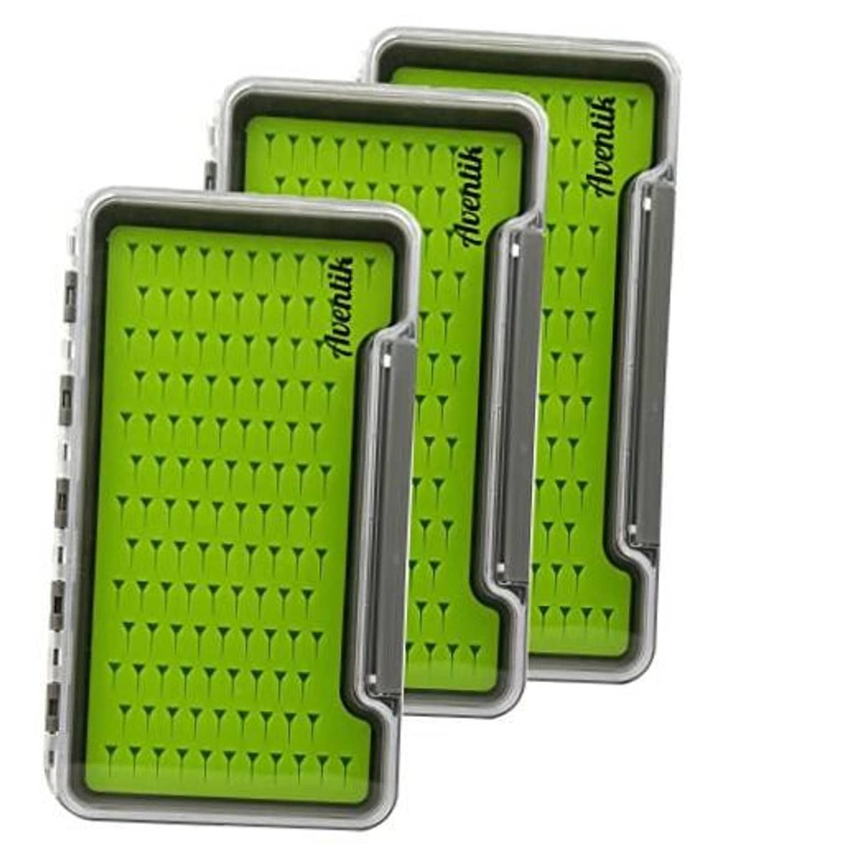 Three-piece waterproof fly fishing tackle trays set with green silicone insert and clear lids