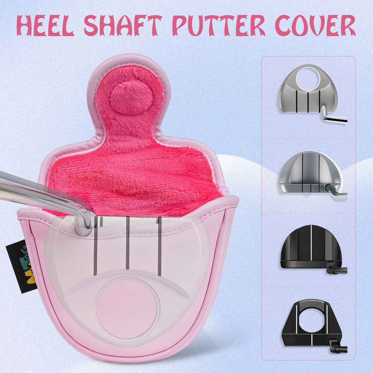 Pink heel-shaft mallet putter cover with fabric overlay and molded head shape.