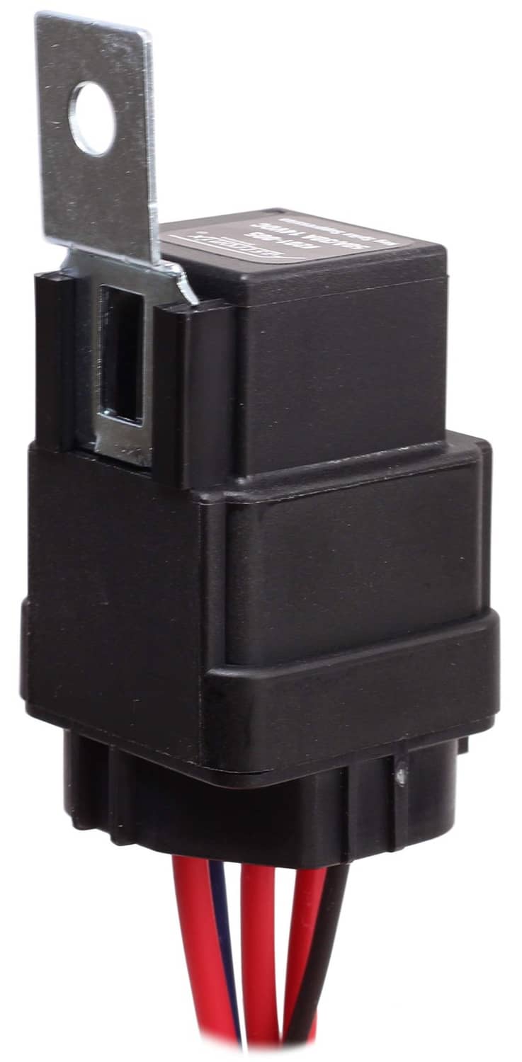 Weatherproof automotive relay with metal mounting tab and red wire ends