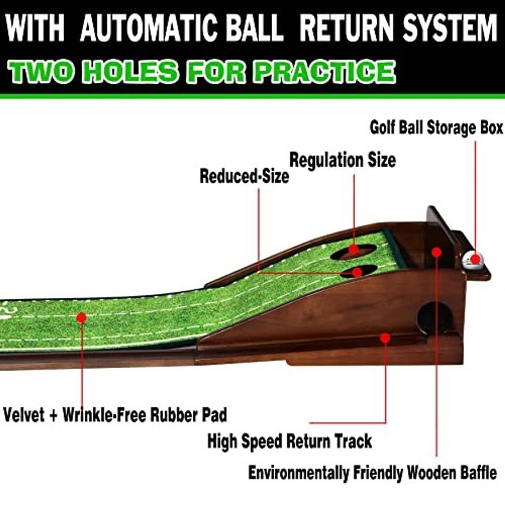 Putting practice mat with ball storage box, regulation cup and return track